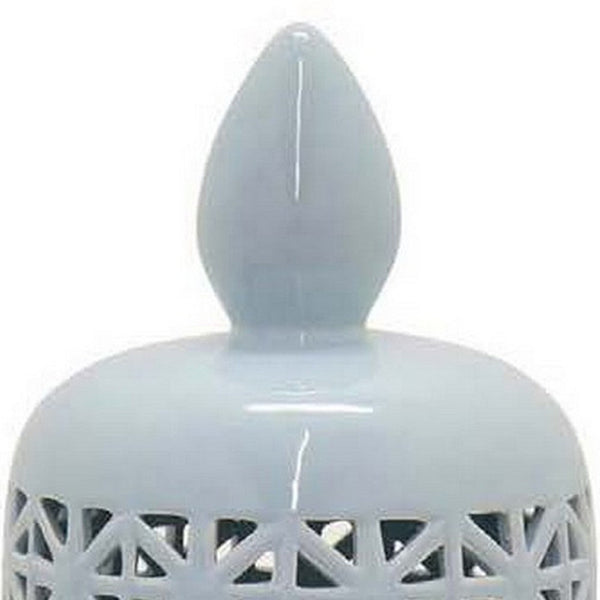 Deni 20 Inch Temple Jar, Ceramic Blue White Floral Cut Out Design with Lid - BM309953