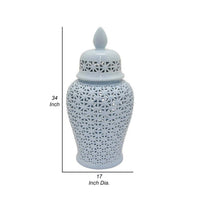 Deni 20 Inch Temple Jar, Ceramic Blue White Floral Cut Out Design with Lid - BM309953