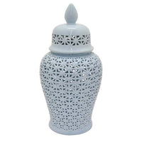 Deni 20 Inch Temple Jar, Ceramic Blue White Floral Cut Out Design with Lid - BM309953