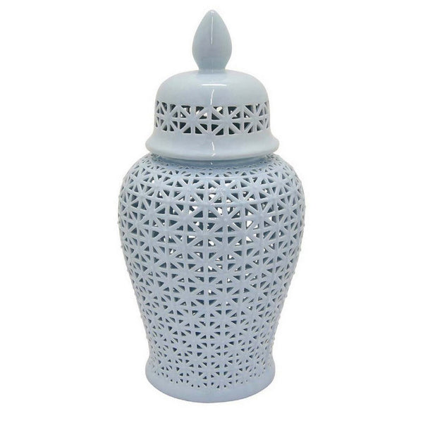 Deni 20 Inch Temple Jar, Ceramic Blue White Floral Cut Out Design with Lid - BM309953