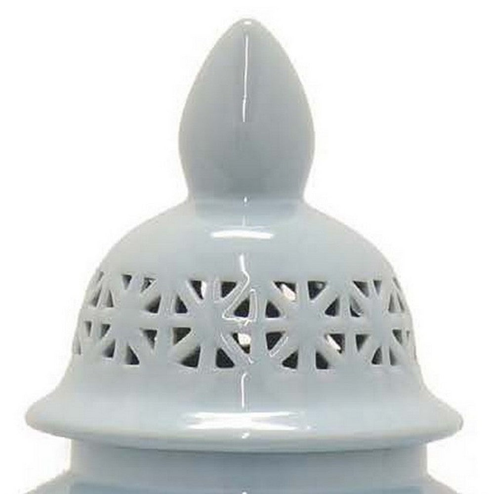 Deni 26 Inch Temple Jar, Ceramic Blue White Floral Cut Out Design with Lid - BM309954