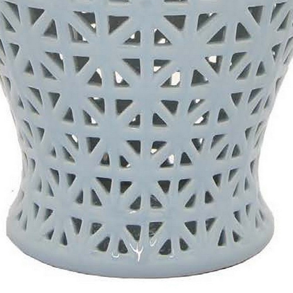 Deni 26 Inch Temple Jar, Ceramic Blue White Floral Cut Out Design with Lid - BM309954