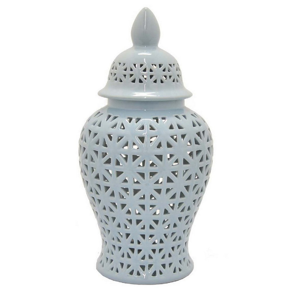 Deni 26 Inch Temple Jar, Ceramic Blue White Floral Cut Out Design with Lid - BM309954