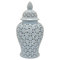 Deni 26 Inch Temple Jar, Ceramic Blue White Floral Cut Out Design with Lid - BM309954