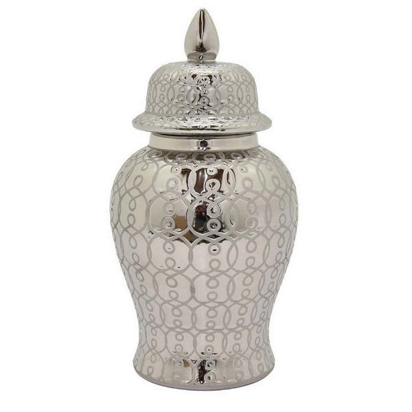 Deni 19 Inch Temple Jar, Classic Design, Removable Lid, Ceramic, Silver - BM309964