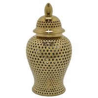 Deni 25 Inch Temple Jar, Small Carved Cut Out Lattice, Lid, Gold Ceramic - BM309967