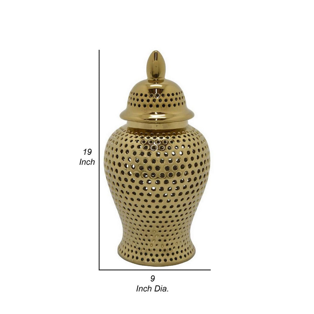 Deni 25 Inch Temple Jar, Small Carved Cut Out Lattice, Lid, Gold Ceramic - BM309967