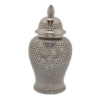 Deni 25 Inch Temple Jar, Large Carved Lattice Design with Lid, Silver - BM309970