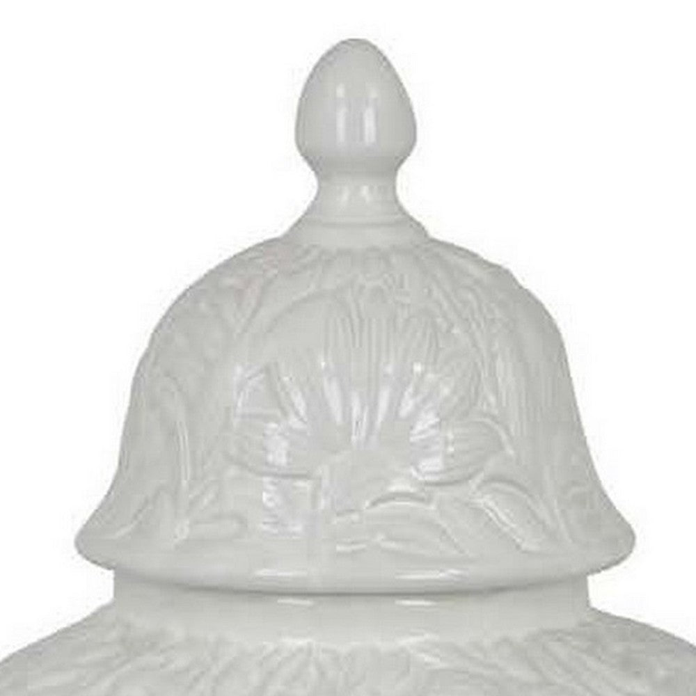 Deni 18 Inch Temple Jar, Embossed Design, Removable Lid, White Finish - BM309972