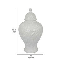 Deni 18 Inch Temple Jar, Embossed Design, Removable Lid, White Finish - BM309972