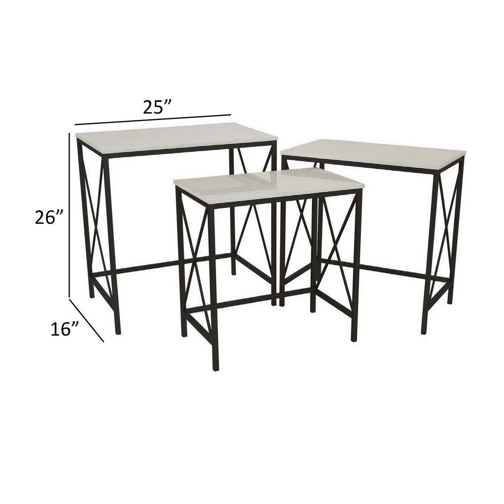 Zoe Plant Stand Table Set of 3, Metal, Rectangular Marble Top, Black Metal - BM310009