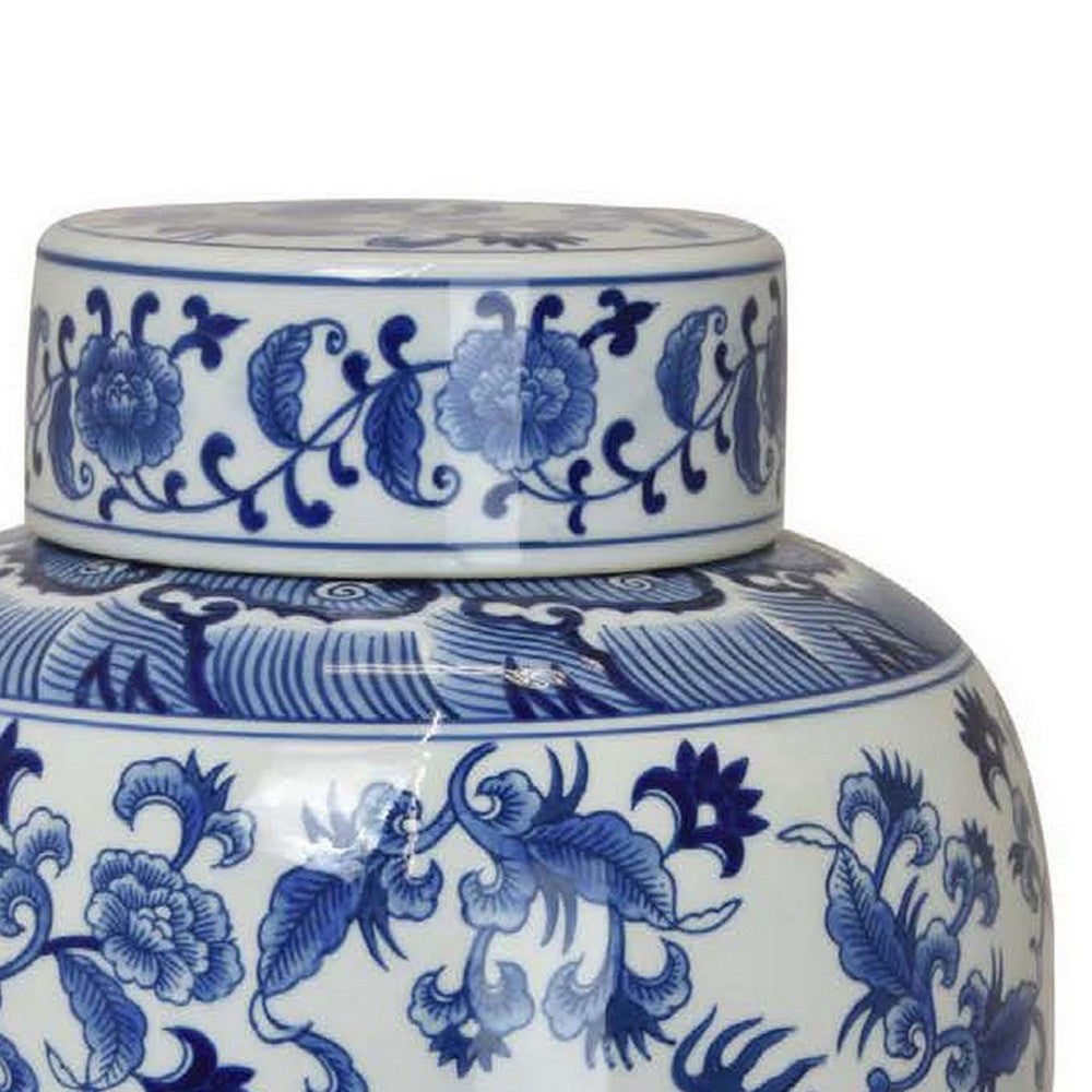 Gloomy 15 Inch Decorative Jar, Ceramic Frame, Blue and White Floral Print - BM310024