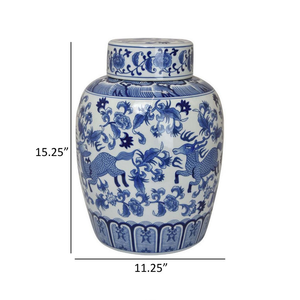 Gloomy 15 Inch Decorative Jar, Ceramic Frame, Blue and White Floral Print - BM310024