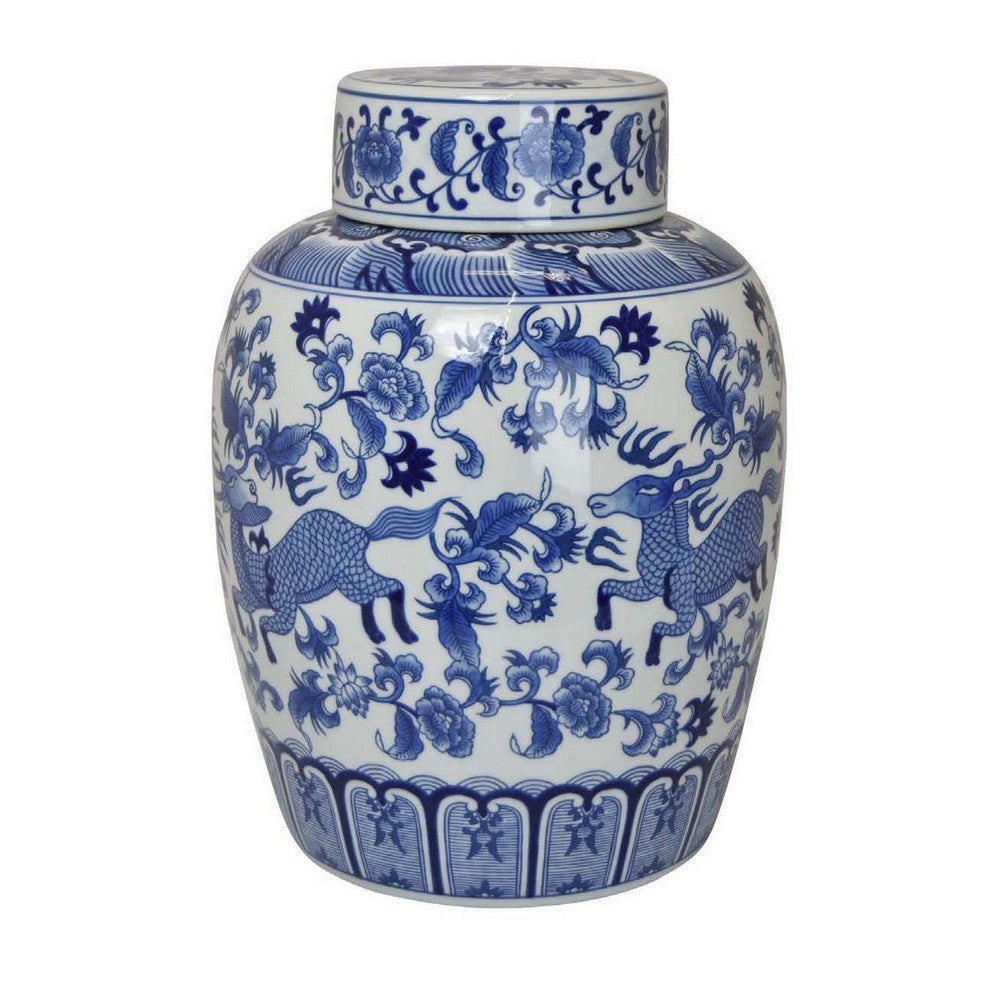 Gloomy 15 Inch Decorative Jar, Ceramic Frame, Blue and White Floral Print - BM310024