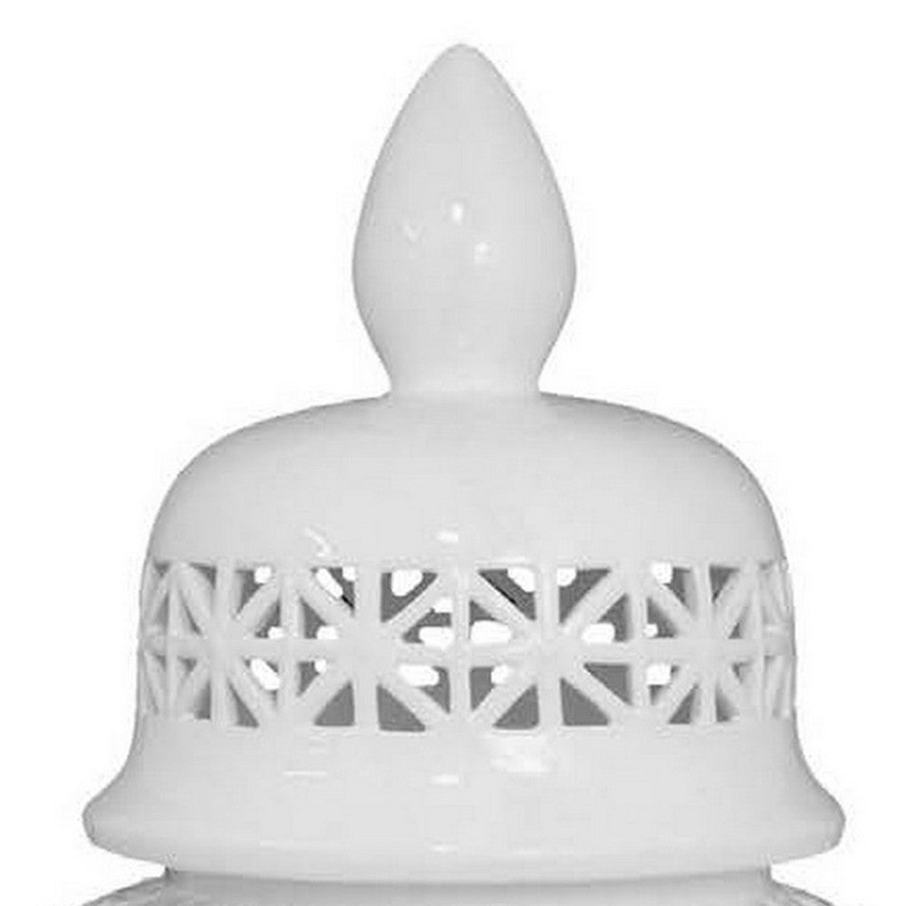 Paul 34 Inch Pierced Temple Jar with Lid, Intricate Pattern Ceramic, White - BM310040