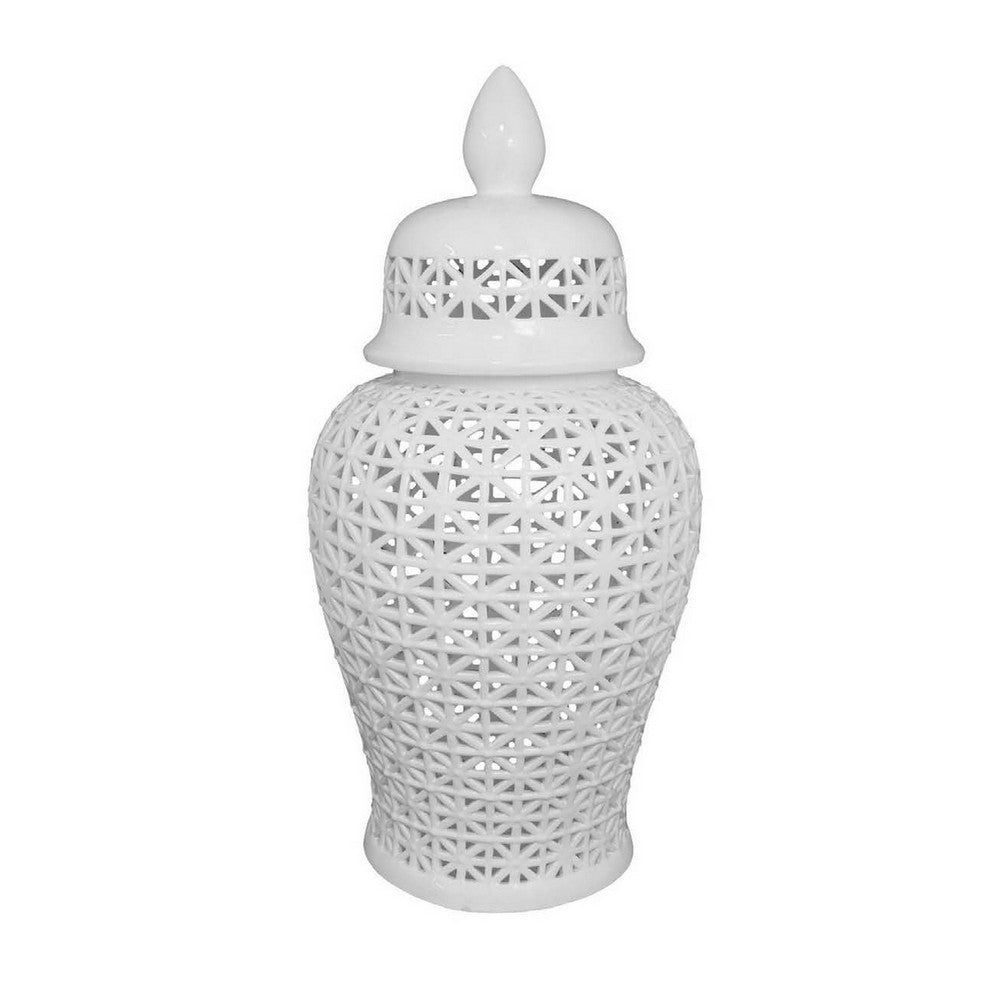Paul 34 Inch Pierced Temple Jar with Lid, Intricate Pattern Ceramic, White - BM310040