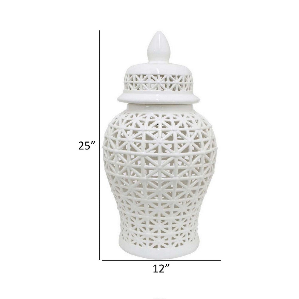 Paul 25 Inch Pierced Temple Jar with Lid, Intricate Pattern Ceramic, White - BM310041