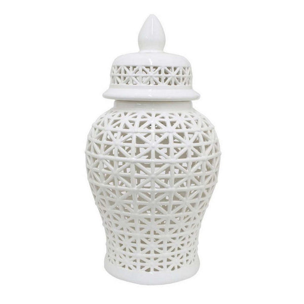 Paul 25 Inch Pierced Temple Jar with Lid, Intricate Pattern Ceramic, White - BM310041