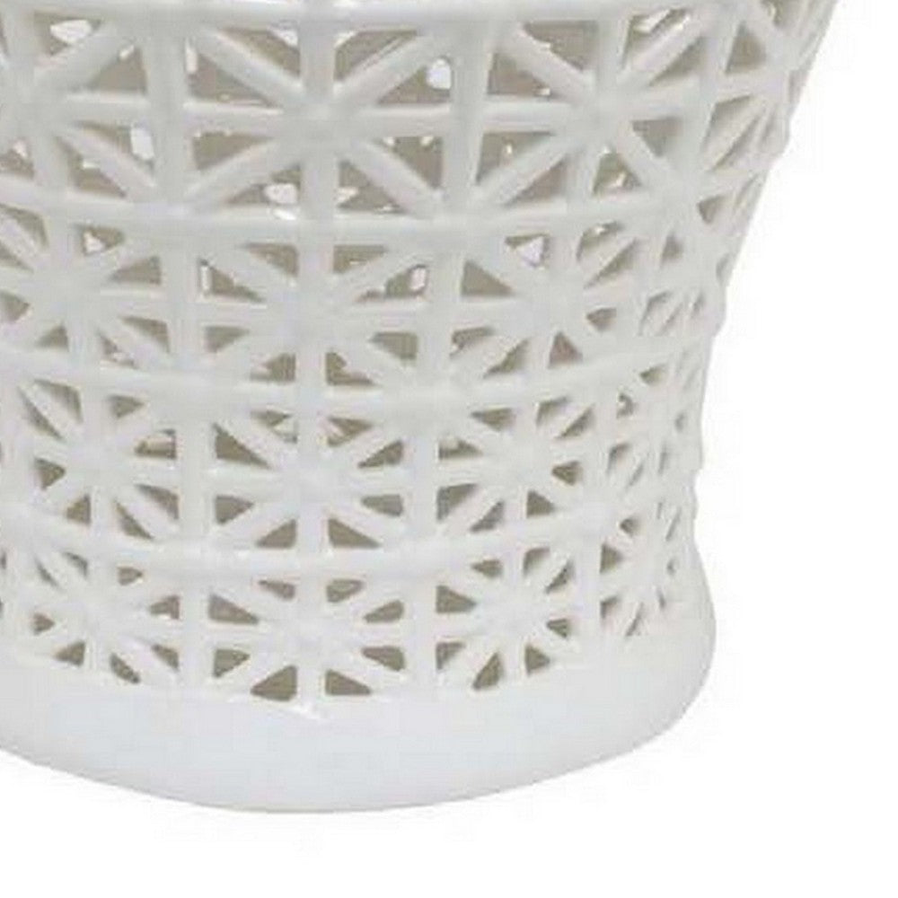 Paul 20 Inch Pierced Temple Jar with Lid, Intricate Pattern Ceramic, White - BM310042