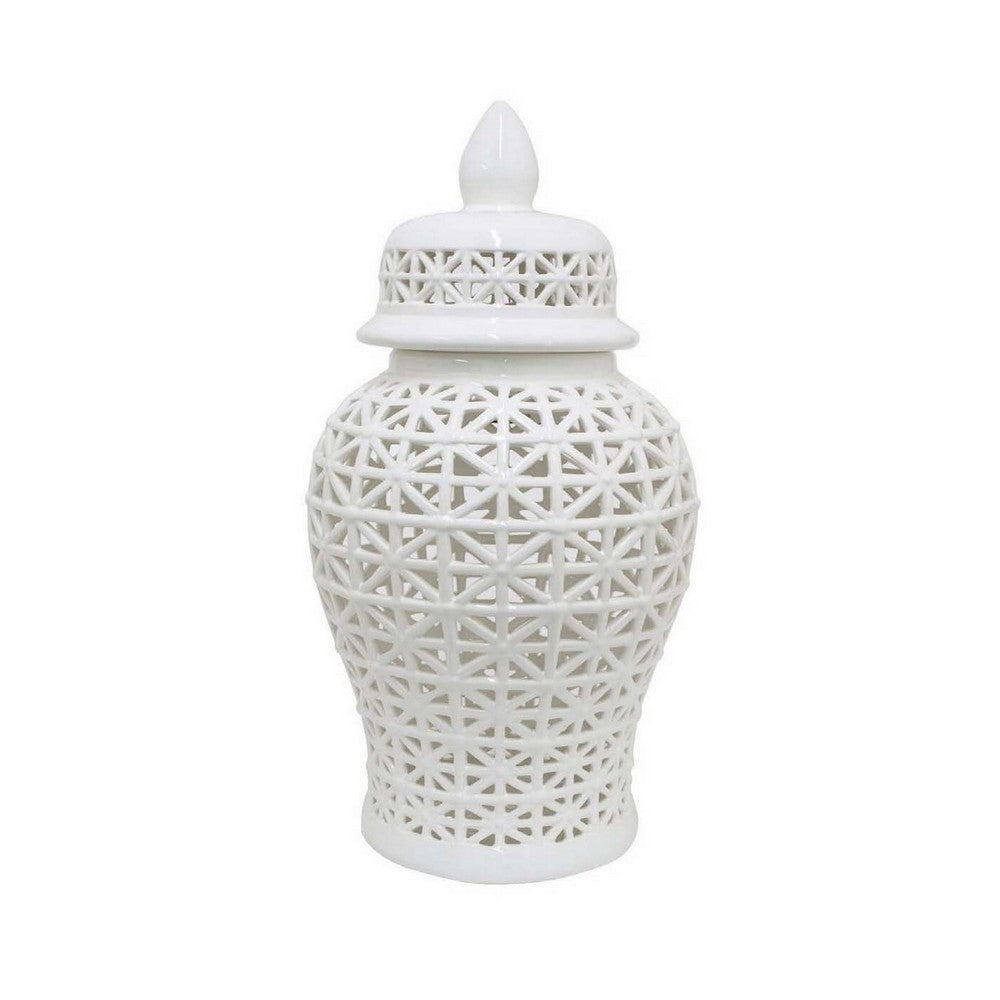 Paul 20 Inch Pierced Temple Jar with Lid, Intricate Pattern Ceramic, White - BM310042