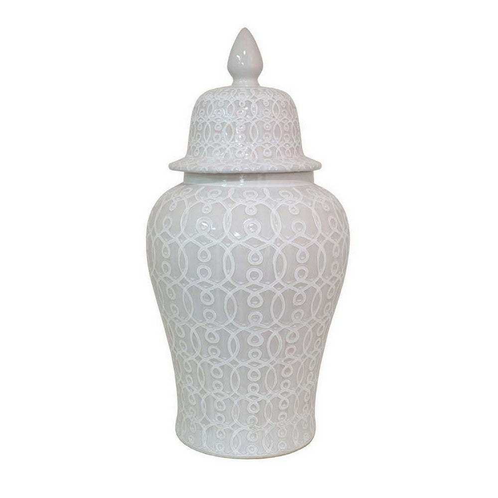 Deni 33 Inch Temple Jar, Removable Lid, Carved Pattern, Ceramic, White - BM310047