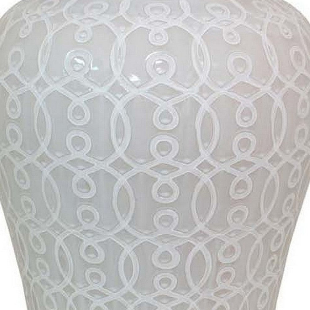 Deni 33 Inch Temple Jar, Removable Lid, Carved Pattern, Ceramic, White - BM310047