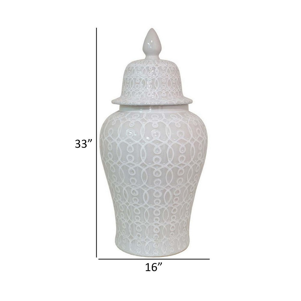 Deni 33 Inch Temple Jar, Removable Lid, Carved Pattern, Ceramic, White - BM310047