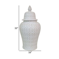 Deni 33 Inch Temple Jar, Removable Lid, Carved Pattern, Ceramic, White - BM310047