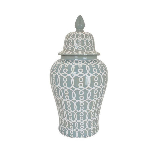 Deni 33 Inch Temple Jar, Removable Lid, Carved Pattern, Ceramic, Mint Green - BM310050