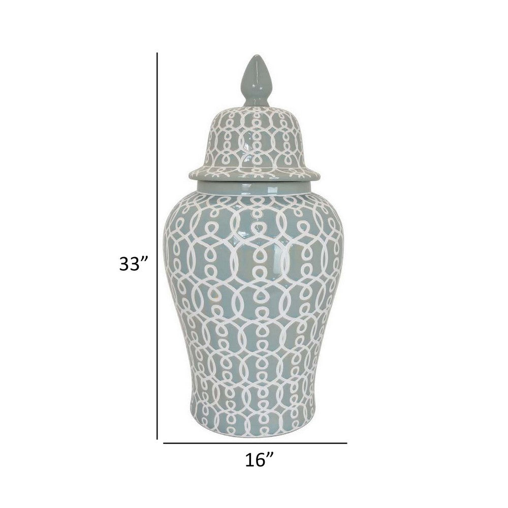 Deni 33 Inch Temple Jar, Removable Lid, Carved Pattern, Ceramic, Mint Green - BM310050