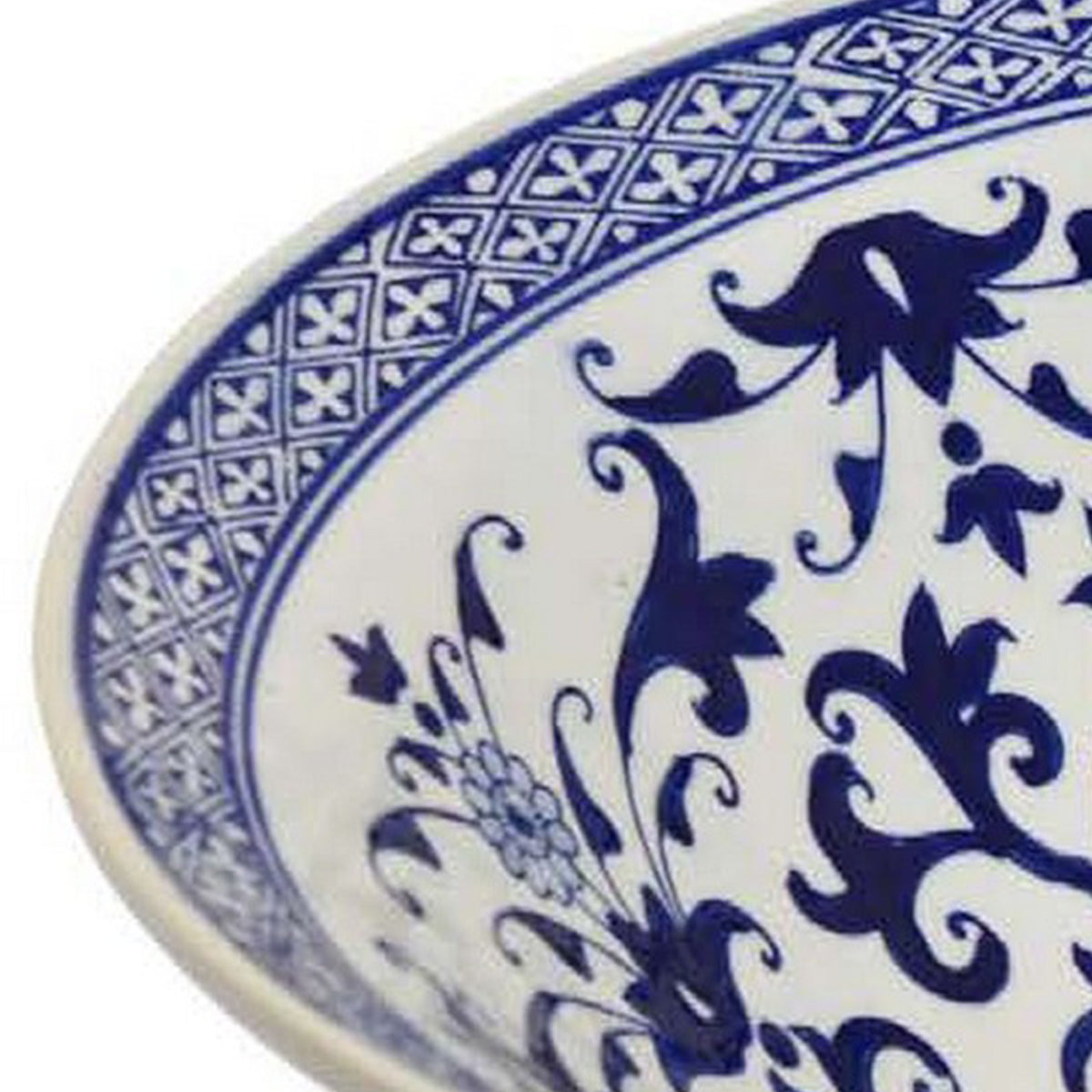 Cherry 16 Inch Decorative Bowl, Ceramic, Floral Design, Blue and White - BM310051