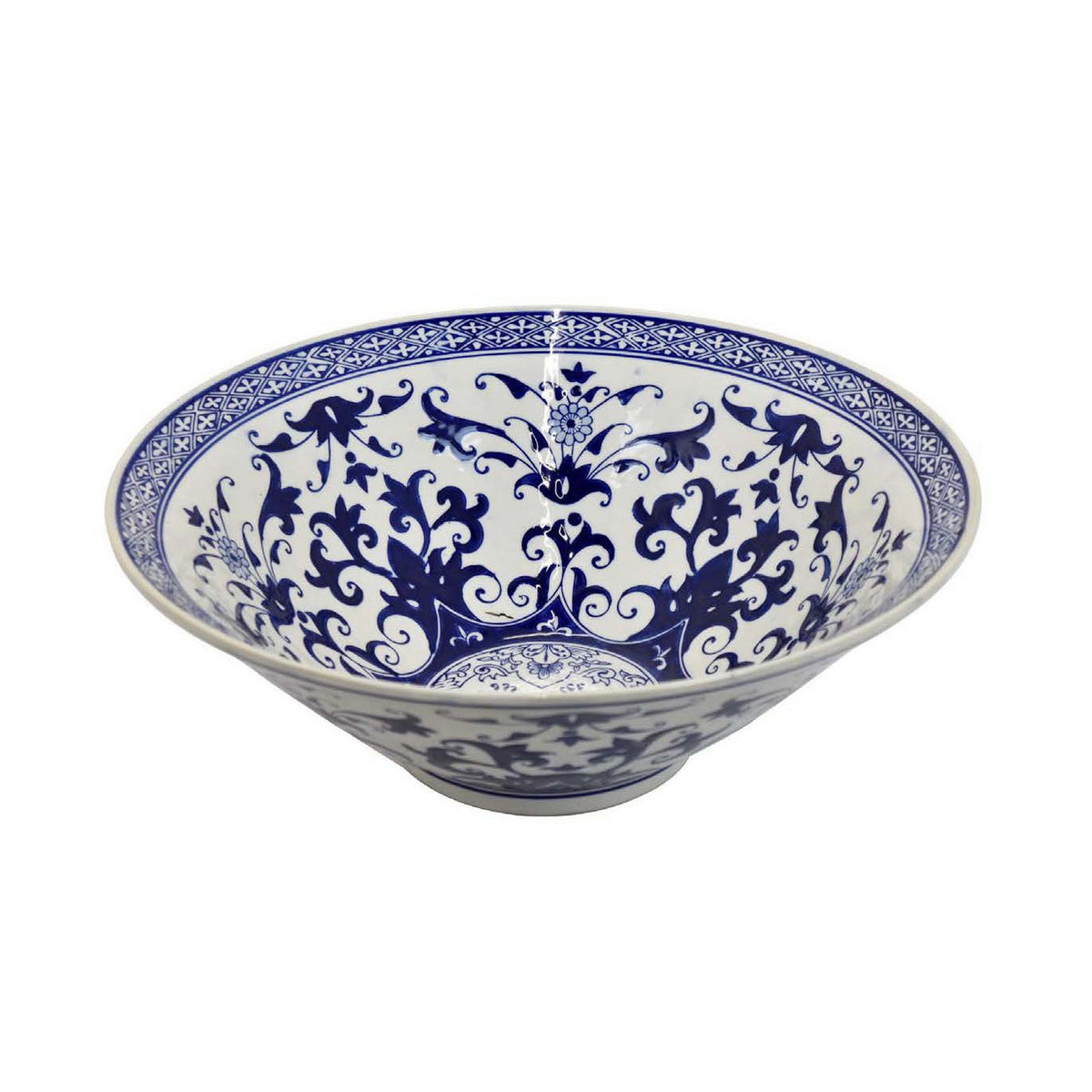 Cherry 16 Inch Decorative Bowl, Ceramic, Floral Design, Blue and White - BM310051