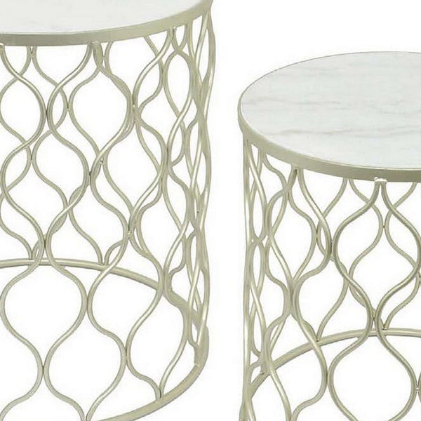 Poh 21 Inch Plant Stand Table Set of 2, Round Top, Metal, Marble, Champagne - BM310064