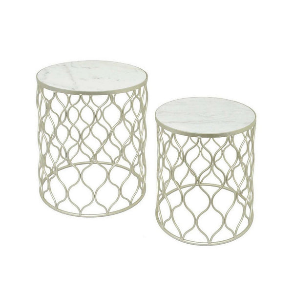 Poh 21 Inch Plant Stand Table Set of 2, Round Top, Metal, Marble, Champagne - BM310064