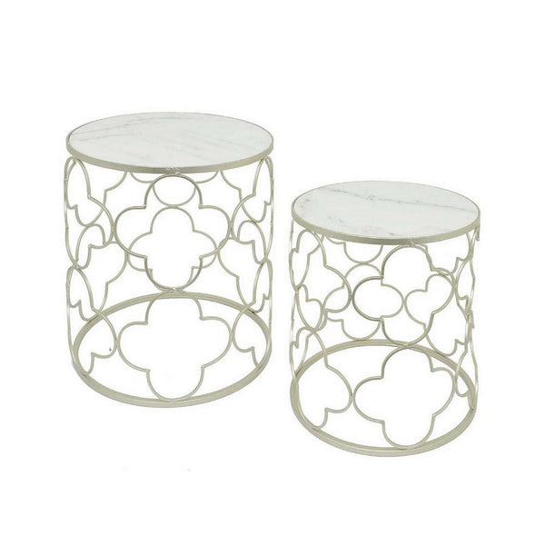 Poh 23 Inch Plant Stand Table Set of 2, Round Top, Metal, Marble, Silver  - BM310066