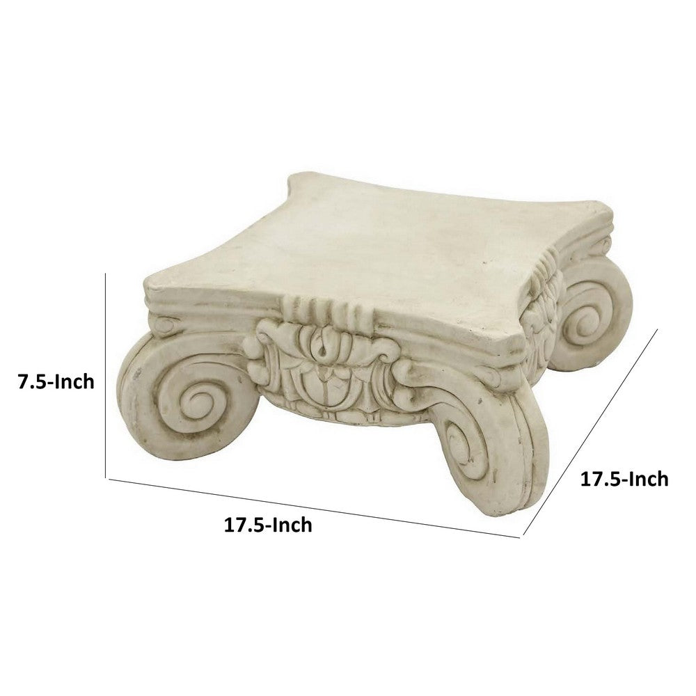 18 Inch Roman Pedestal Stand with Detailed Carved Base, Resin, Ivory Color - BM310090