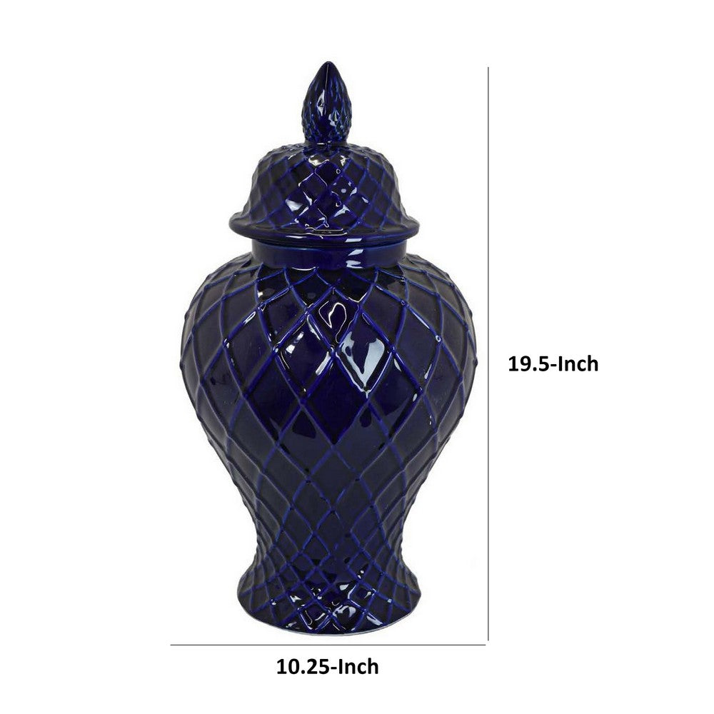 Livie 20 Inch Temple Ginger Jar, Geometric Design, Dome Lid, Ceramic, Blue - BM310093