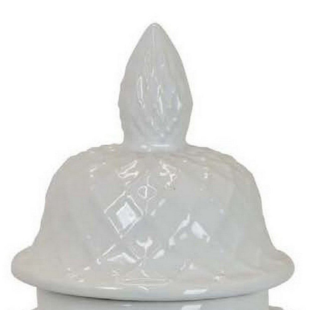 Livie 20 Inch Temple Ginger Jar, Geometric Design, Dome Lid, Ceramic, White - BM310094