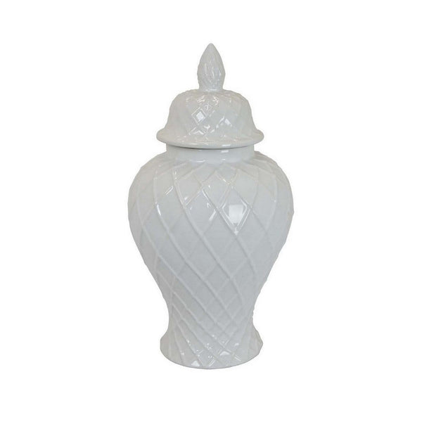 Livie 20 Inch Temple Ginger Jar, Geometric Design, Dome Lid, Ceramic, White - BM310094