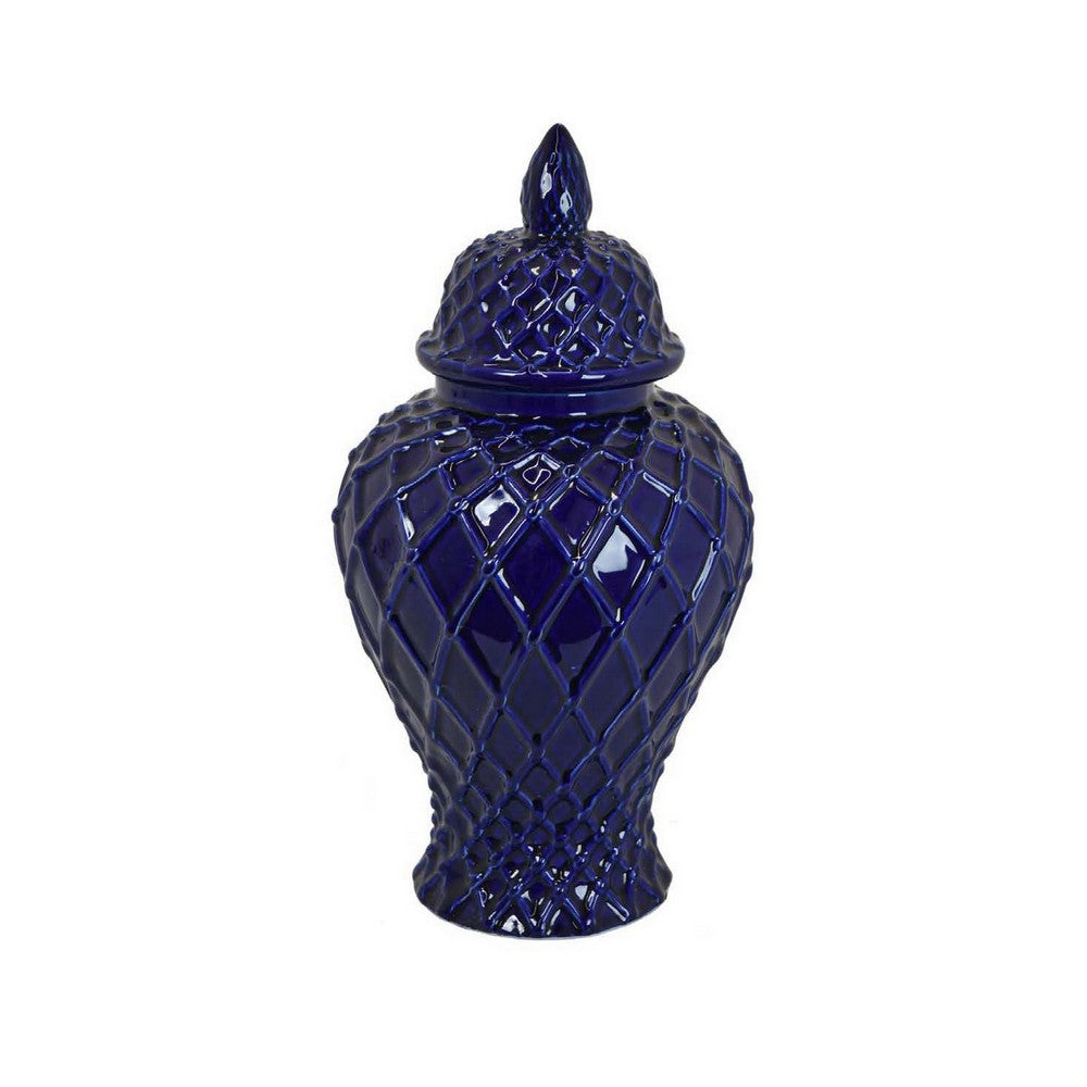 Livie 14 Inch Temple Ginger Jar, Geometric Design, Dome Lid, Ceramic, Blue - BM310095