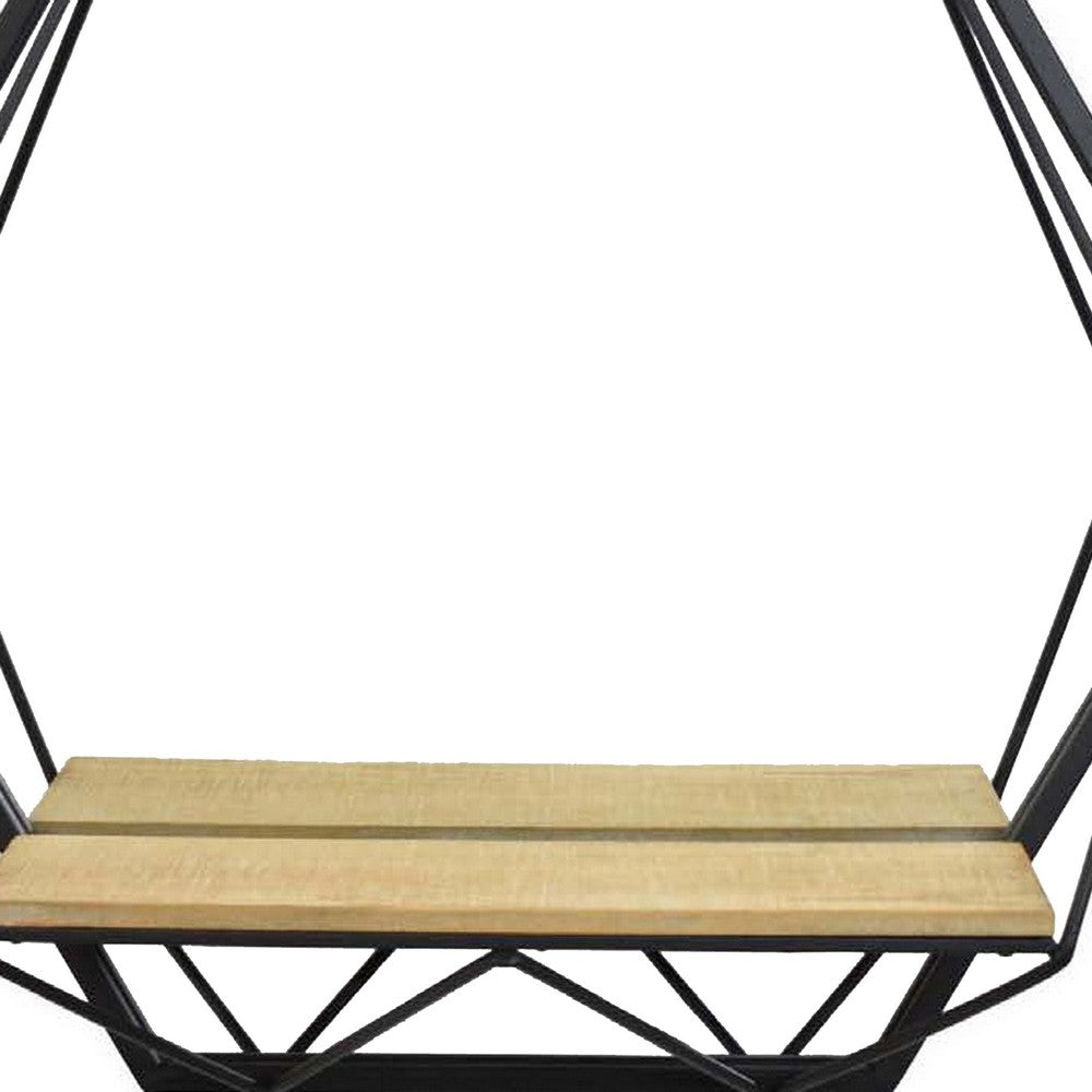 24 Inch Wall Mirror with Shelf, Hexagon Shaped, Metal, Black Finish - BM310118