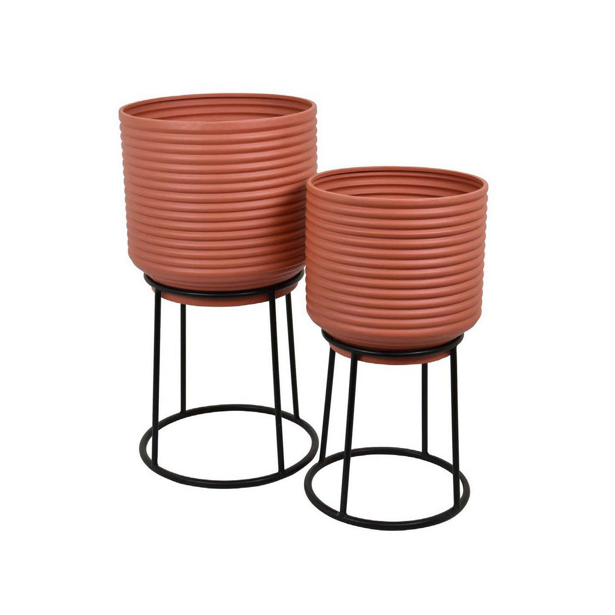 24 Inch Metal Planters with Stand, Set of 2, Terracotta and Black - BM310120