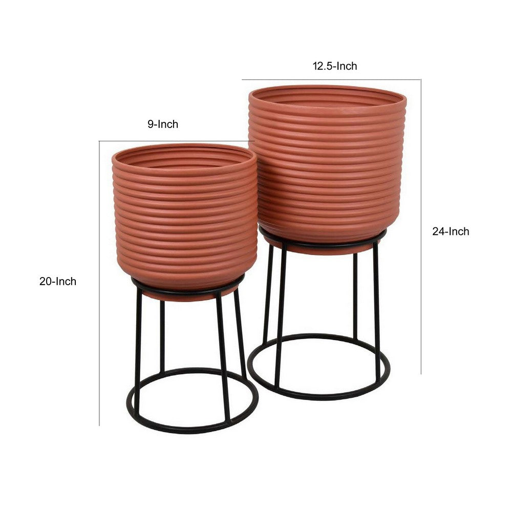24 Inch Metal Planters with Stand, Set of 2, Terracotta and Black - BM310120