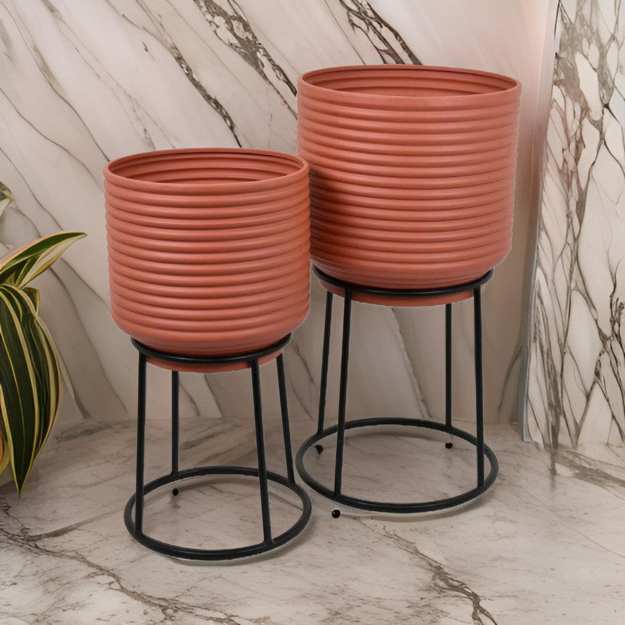 24 Inch Metal Planters with Stand, Set of 2, Terracotta and Black - BM310120