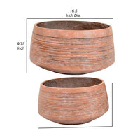 17 Inch Planter Set of 2, Clean Lines, Large Pot Shaped, Metal, Clay Tone - BM310126