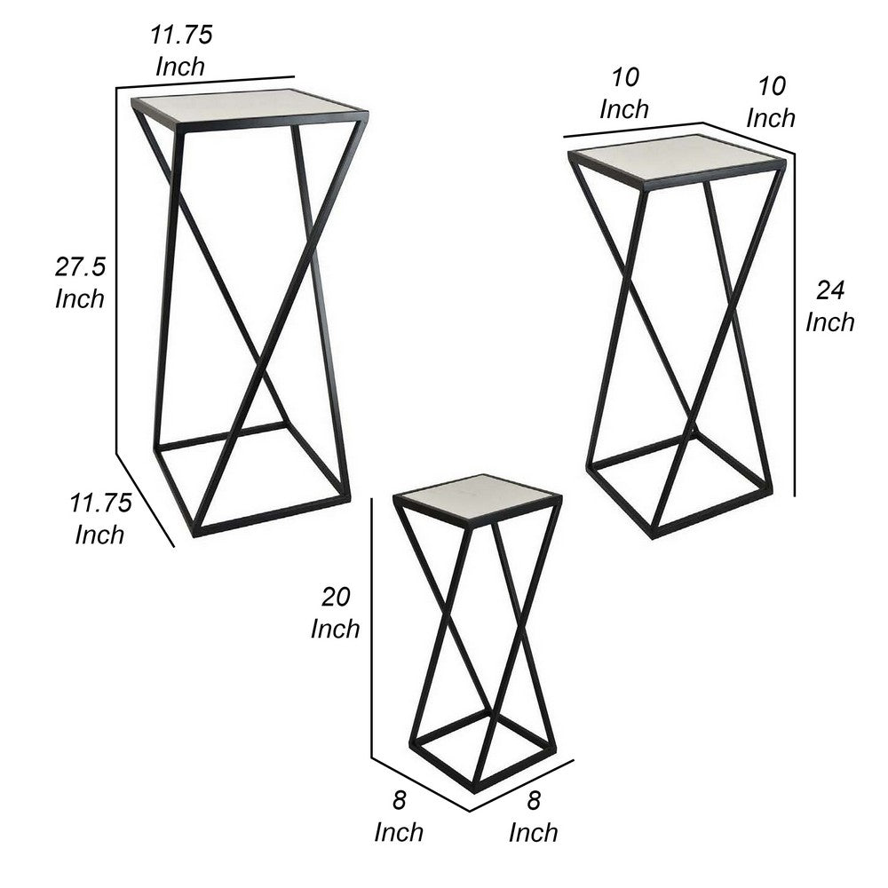 28 Inch Plant Stand Table Set of 3, Square, X Crossed Base, Metal, Black - BM310129