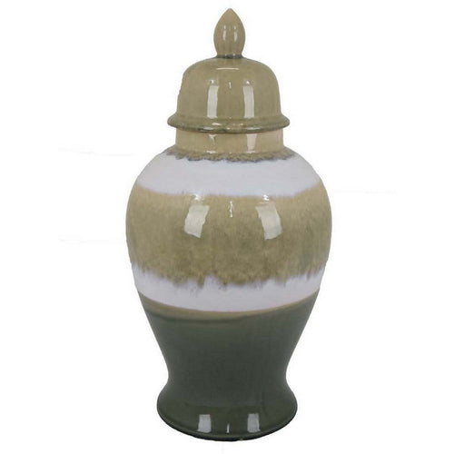 Pril 17 Inch Temple Jar with Clean Lines, Ceramic, Brown, Green Finish - BM310133