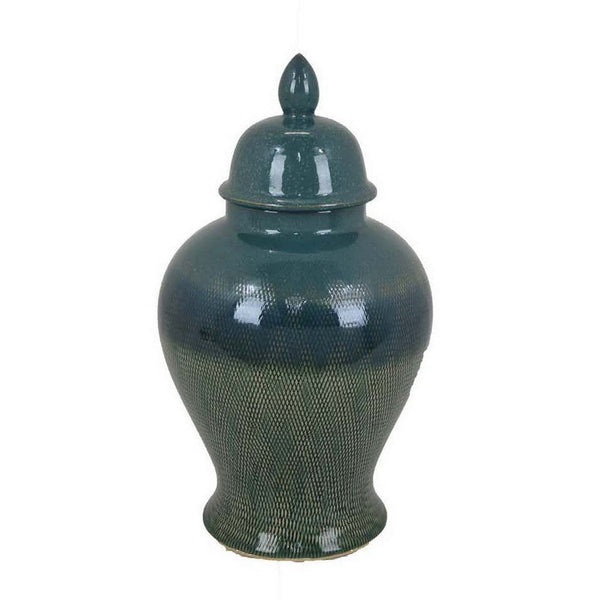 Caty 15 Inch Temple Jar, Finial Dome Lids, Classic, Ceramic, Green Finish - BM310135