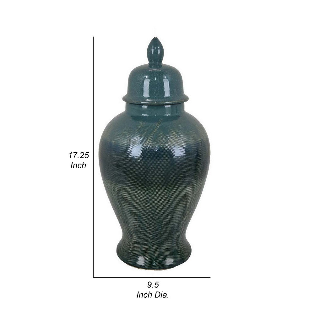 Caty 17 Inch Temple Jar, Finial Dome Lids, Classic, Ceramic, Green Finish - BM310136