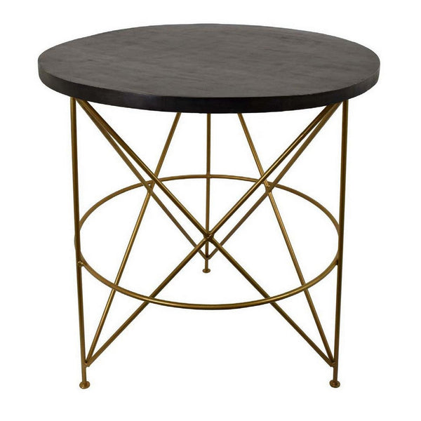 23 Inch Plant Stand Table, Round Top, Modern Gold Geometric Frame, Black - BM310138